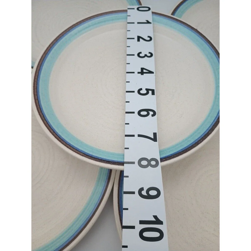 5 Vtg Franciscan Malibu Salad Luncheon Lunch Plates  Blue Brown Rings Stoneware